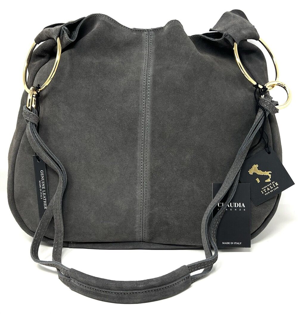 Claudia Firenze Suede Crossbody Shoulder Bag Hobo GOLD RINGS Purse Grey Viral